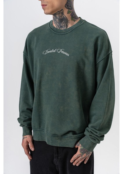 Erkek Divided Baskılı Yıkamalı Bisiklet Yaka Oversize Sweatshirt Yeşil indirimleri