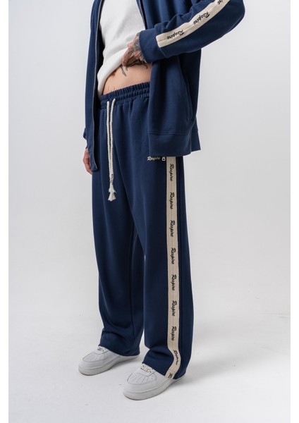 Erkek Respire Şerit Detaylı Kışlık Doubleface Baggy Eşofman Altı Lacivert