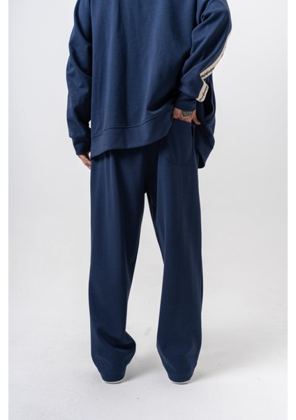 Erkek Respire Şerit Detaylı Kışlık Doubleface Baggy Eşofman Altı Lacivert modelleri