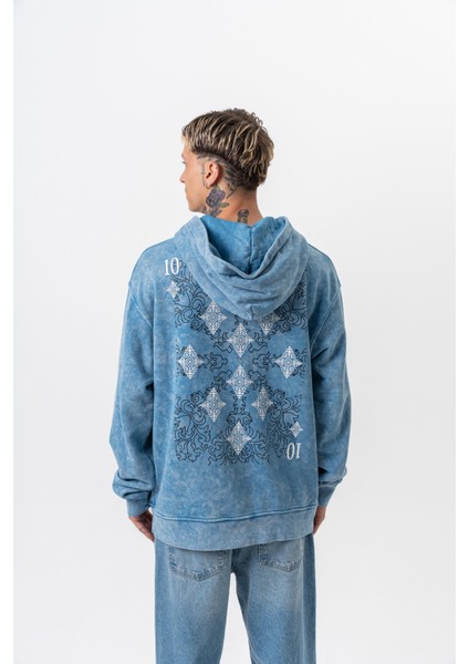 Erkek 10 Baskılı Yıkamalı Kapüşonlu Oversize Hoodie Mavi