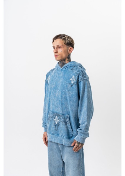 Erkek 10 Baskılı Yıkamalı Kapüşonlu Oversize Hoodie Mavi modelleri