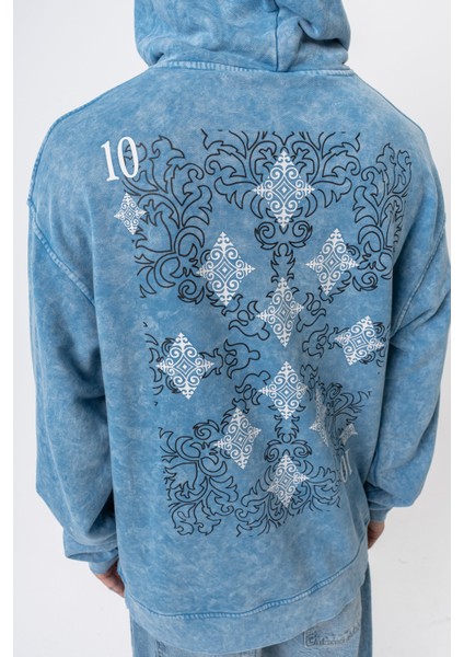 Erkek 10 Baskılı Yıkamalı Kapüşonlu Oversize Hoodie Mavi fırsatları