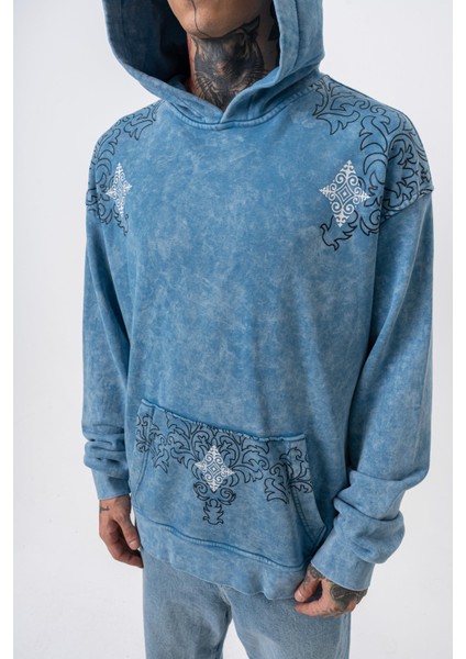 Erkek 10 Baskılı Yıkamalı Kapüşonlu Oversize Hoodie Mavi indirimleri