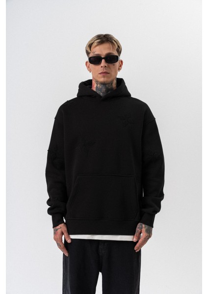 Erkek Süzene Nakış Detaylı Kapüşonlu Oversize Hoodie Siyah