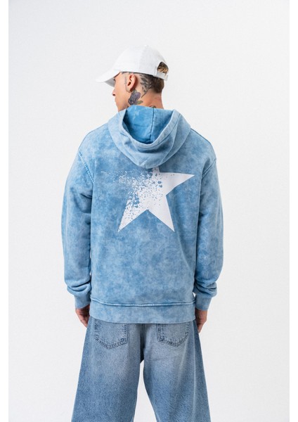 Erkek Star Baskılı Yıkamalı Kapüşonlu Oversize Hoodie Mavi