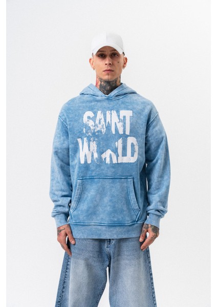 Erkek Star Baskılı Yıkamalı Kapüşonlu Oversize Hoodie Mavi fiyatları