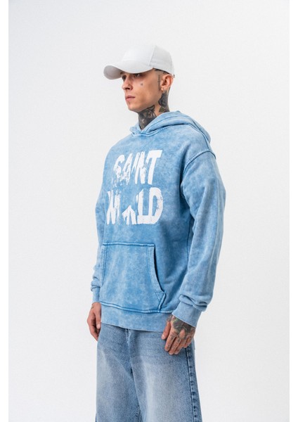 Erkek Star Baskılı Yıkamalı Kapüşonlu Oversize Hoodie Mavi modelleri