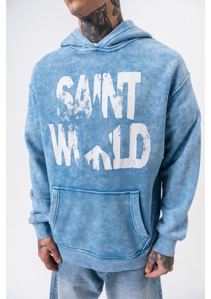 Erkek Star Baskılı Yıkamalı Kapüşonlu Oversize Hoodie Mavi fırsatları