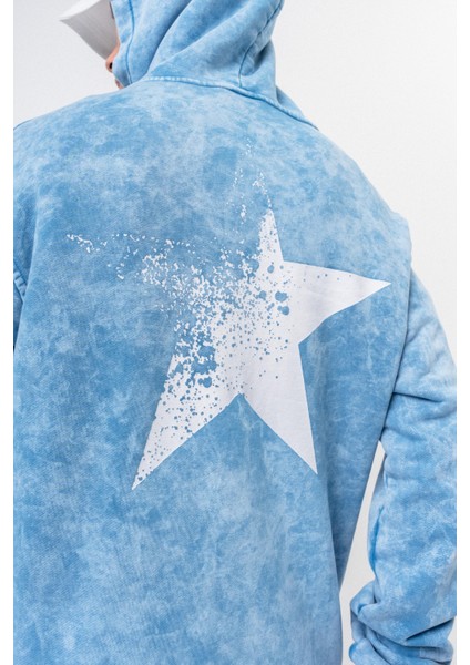 Erkek Star Baskılı Yıkamalı Kapüşonlu Oversize Hoodie Mavi indirimleri