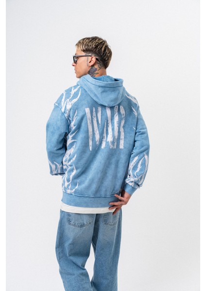 Erkek War Baskılı Yıkamalı Kapüşonlu Oversize Hoodie Mavi