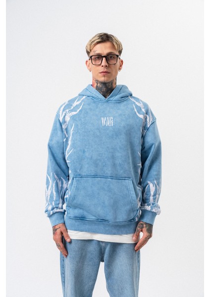 Erkek War Baskılı Yıkamalı Kapüşonlu Oversize Hoodie Mavi fiyatları