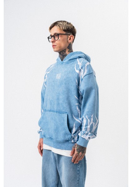 Erkek War Baskılı Yıkamalı Kapüşonlu Oversize Hoodie Mavi modelleri