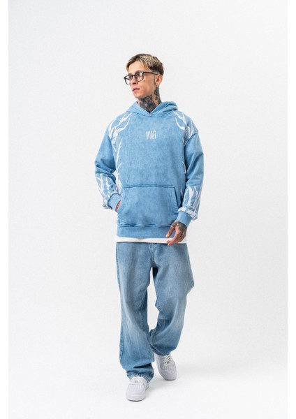 Erkek War Baskılı Yıkamalı Kapüşonlu Oversize Hoodie Mavi fırsatları