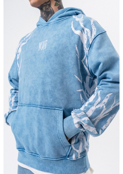 Erkek War Baskılı Yıkamalı Kapüşonlu Oversize Hoodie Mavi indirimleri