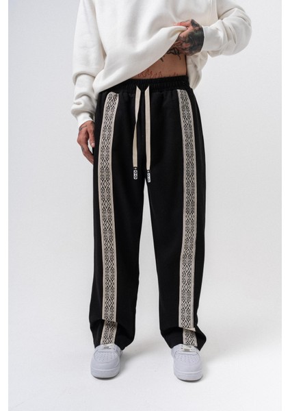 Erkek Etnik Şerit Detaylı Kışlık Doubleface Baggy Eşofman Altı Siyah