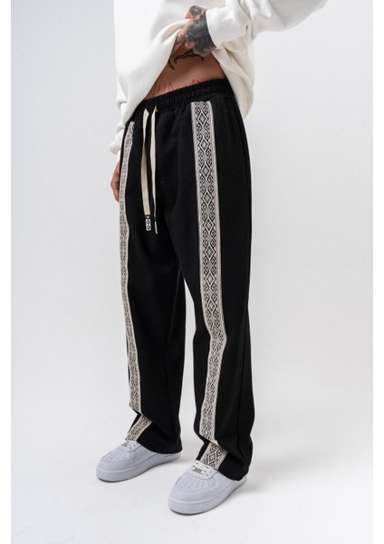 Erkek Etnik Şerit Detaylı Kışlık Doubleface Baggy Eşofman Altı Siyah fiyatları
