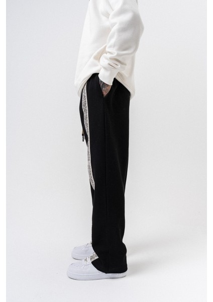 Erkek Etnik Şerit Detaylı Kışlık Doubleface Baggy Eşofman Altı Siyah modelleri