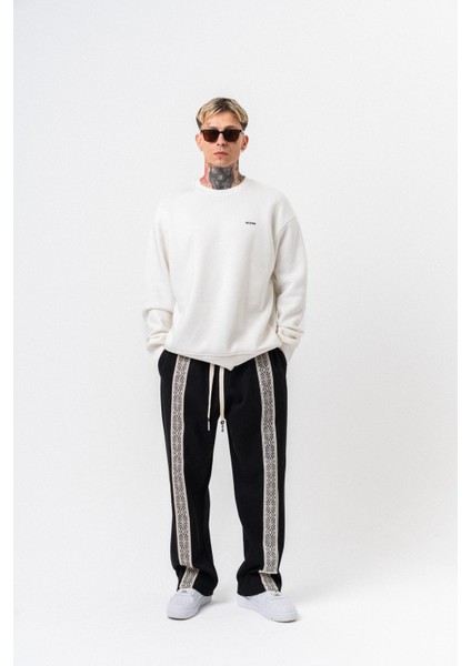 Erkek Etnik Şerit Detaylı Kışlık Doubleface Baggy Eşofman Altı Siyah indirimleri