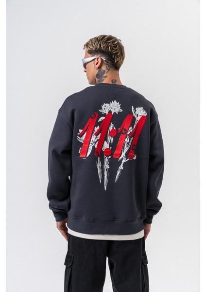 Erkek 11.11 Baskılı Bisiklet Yaka Oversize Sweatshirt Füme