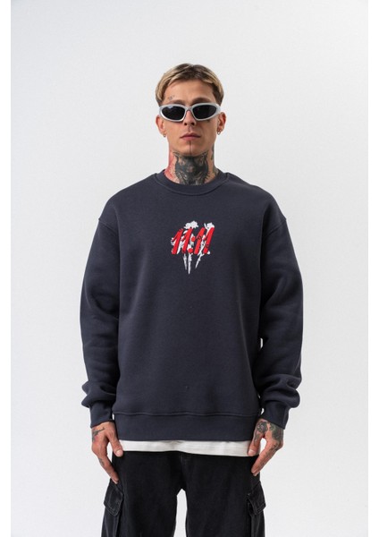 Erkek 11.11 Baskılı Bisiklet Yaka Oversize Sweatshirt Füme fiyatları