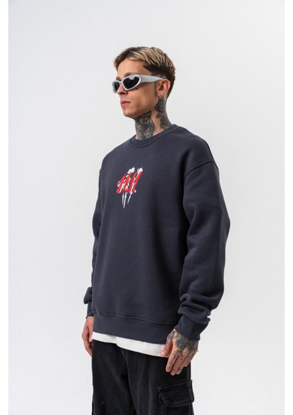 Erkek 11.11 Baskılı Bisiklet Yaka Oversize Sweatshirt Füme modelleri