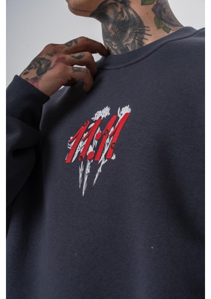 Erkek 11.11 Baskılı Bisiklet Yaka Oversize Sweatshirt Füme fırsatları