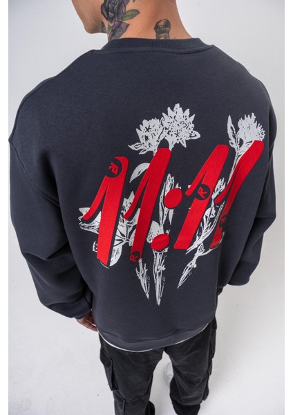 Erkek 11.11 Baskılı Bisiklet Yaka Oversize Sweatshirt Füme indirimleri