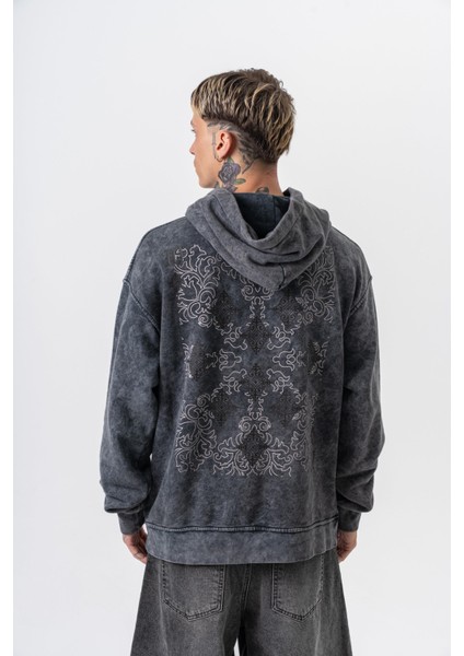 Erkek 10 Baskılı Yıkamalı Kapüşonlu Oversize Hoodie Siyah