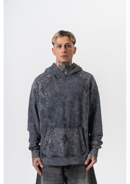 Erkek 10 Baskılı Yıkamalı Kapüşonlu Oversize Hoodie Siyah fiyatları