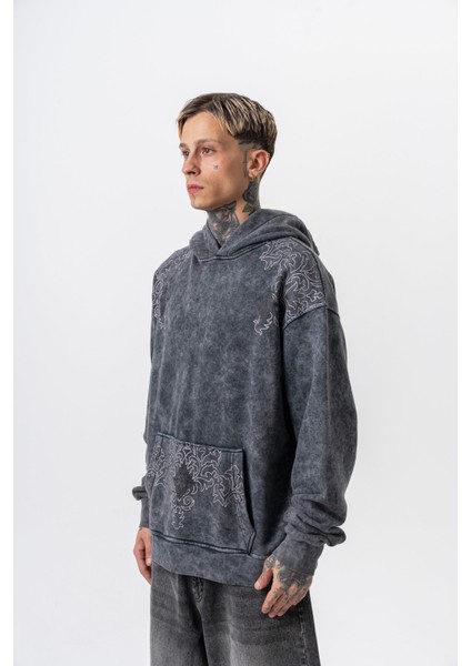 Erkek 10 Baskılı Yıkamalı Kapüşonlu Oversize Hoodie Siyah modelleri