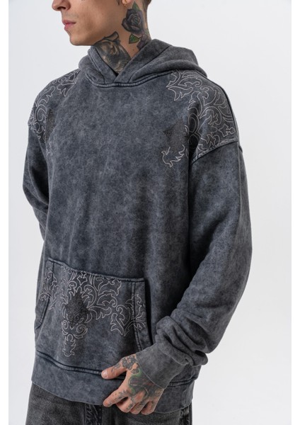 Erkek 10 Baskılı Yıkamalı Kapüşonlu Oversize Hoodie Siyah indirimleri