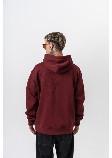 Erkek Minimalism Series Nakışlı Kapüşonlu Oversize Hoodie Bordo