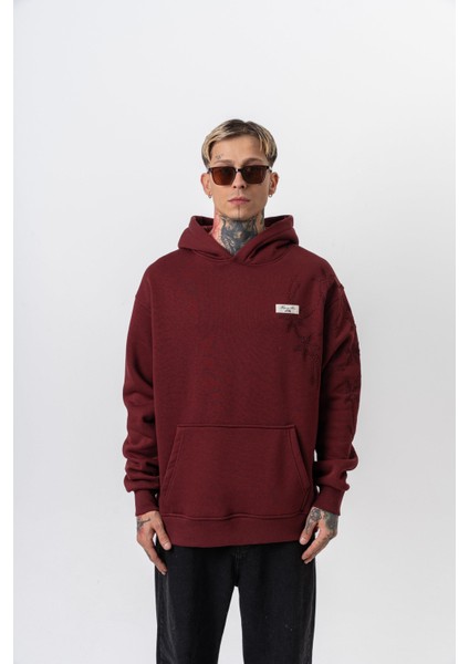 Erkek Minimalism Series Nakışlı Kapüşonlu Oversize Hoodie Bordo fiyatları