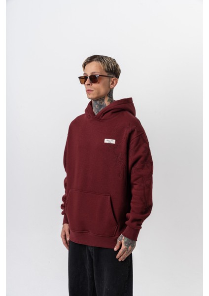 Erkek Minimalism Series Nakışlı Kapüşonlu Oversize Hoodie Bordo modelleri