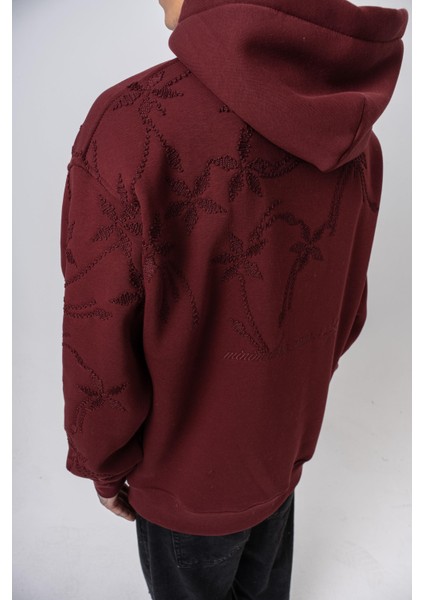 Erkek Minimalism Series Nakışlı Kapüşonlu Oversize Hoodie Bordo fırsatları