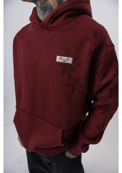 Erkek Minimalism Series Nakışlı Kapüşonlu Oversize Hoodie Bordo indirimleri