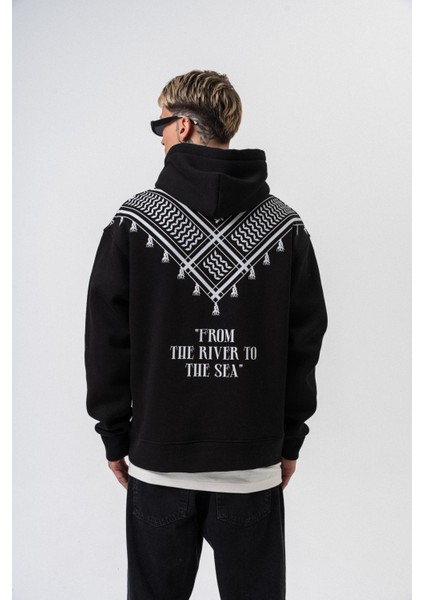 Erkek The Sea Baskılı Kapüşonlu Oversize Hoodie Siyah