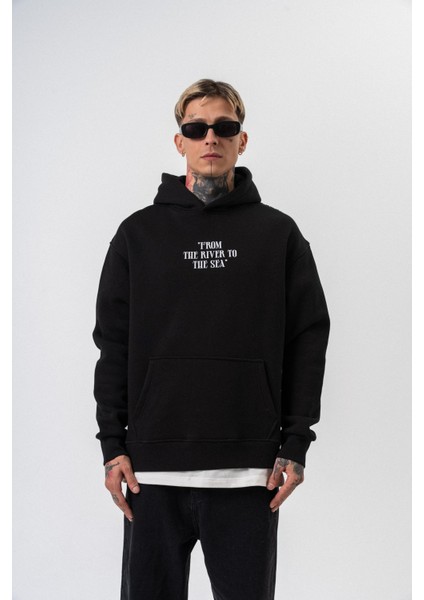 Erkek The Sea Baskılı Kapüşonlu Oversize Hoodie Siyah fiyatları