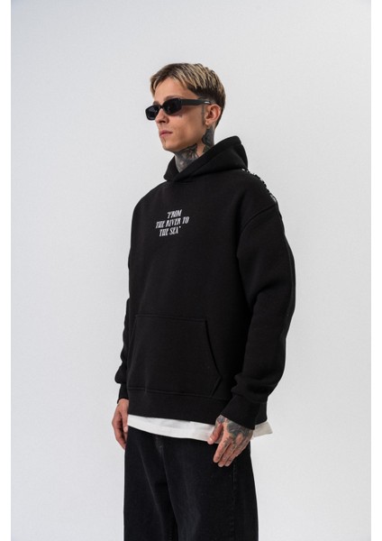 Erkek The Sea Baskılı Kapüşonlu Oversize Hoodie Siyah modelleri