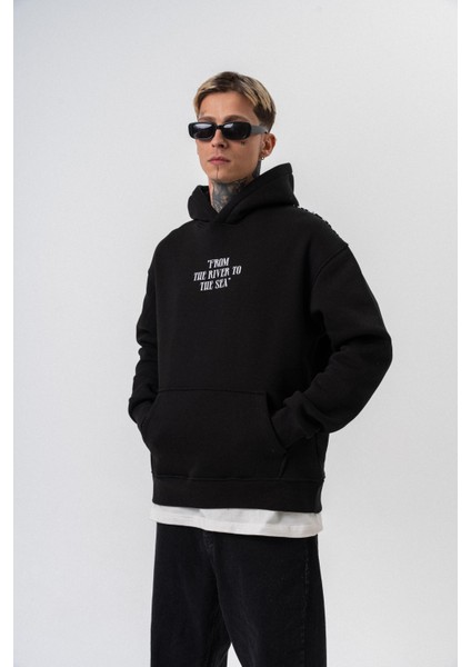 Erkek The Sea Baskılı Kapüşonlu Oversize Hoodie Siyah fırsatları