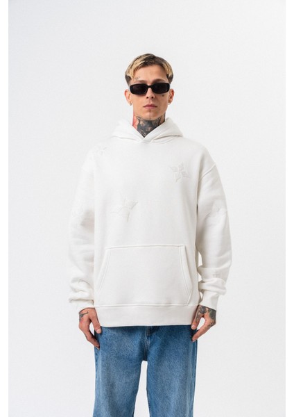 Erkek Süzene Nakış Detaylı Kapüşonlu Oversize Hoodie Ekru
