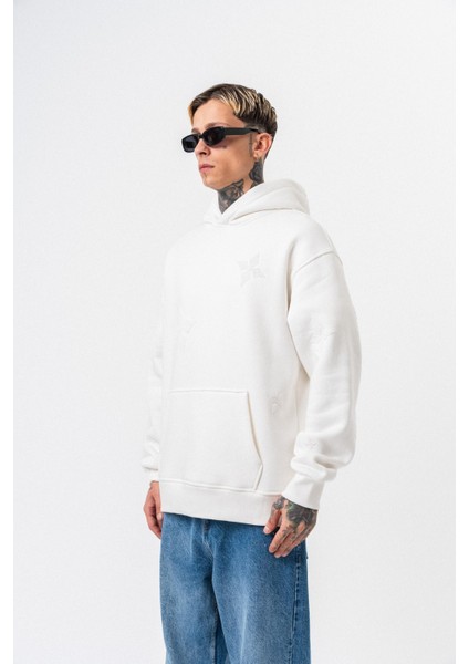 Erkek Süzene Nakış Detaylı Kapüşonlu Oversize Hoodie Ekru fiyatları