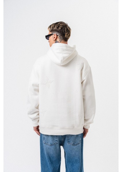 Erkek Süzene Nakış Detaylı Kapüşonlu Oversize Hoodie Ekru modelleri