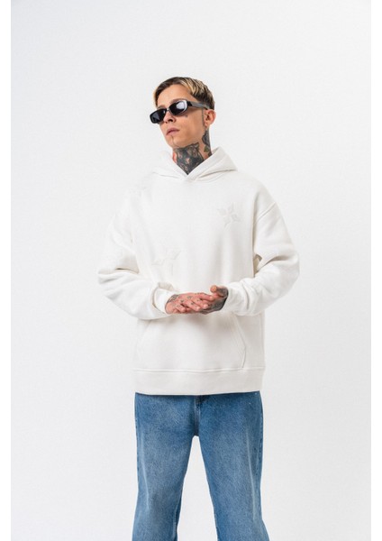 Erkek Süzene Nakış Detaylı Kapüşonlu Oversize Hoodie Ekru fırsatları