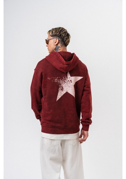 Erkek Star Baskılı Yıkamalı Kapüşonlu Oversize Hoodie Bordo