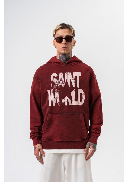 Erkek Star Baskılı Yıkamalı Kapüşonlu Oversize Hoodie Bordo fiyatları