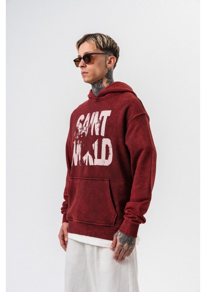 Erkek Star Baskılı Yıkamalı Kapüşonlu Oversize Hoodie Bordo modelleri