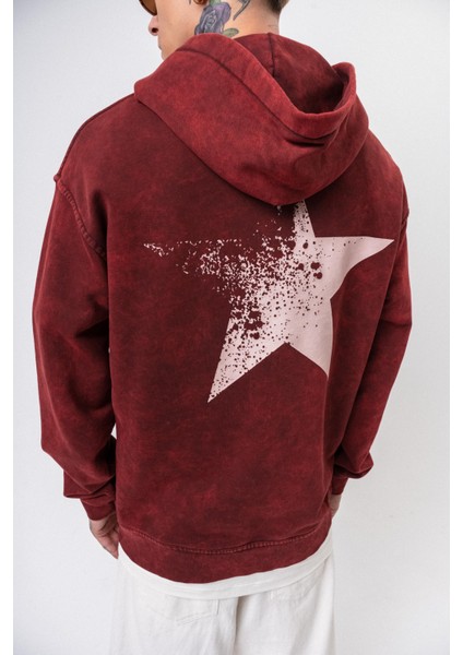 Erkek Star Baskılı Yıkamalı Kapüşonlu Oversize Hoodie Bordo fırsatları