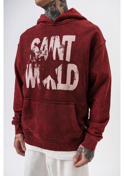 Erkek Star Baskılı Yıkamalı Kapüşonlu Oversize Hoodie Bordo indirimleri