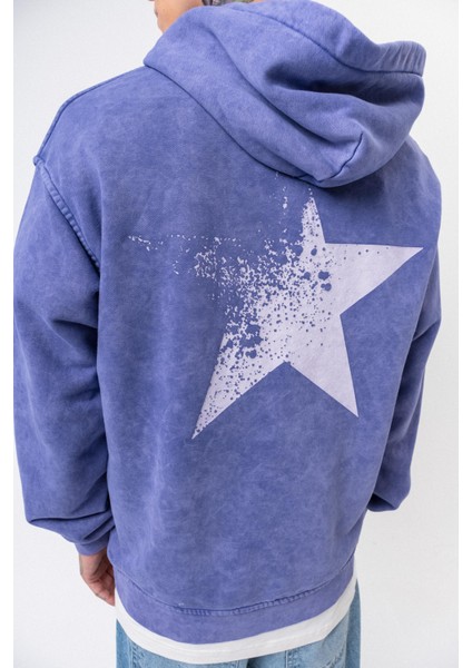Erkek Star Baskılı Yıkamalı Kapüşonlu Oversize Hoodie Mor indirimleri